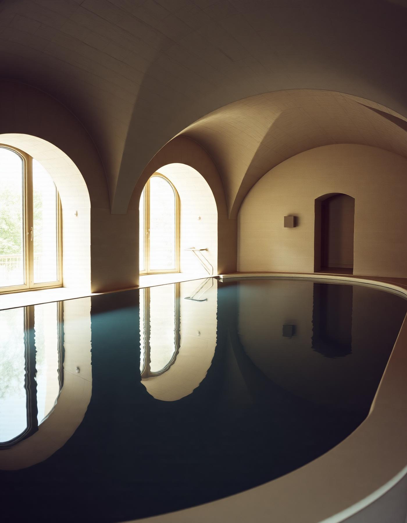 Piscine du spa éclairée sous une voûte de pierre claire
