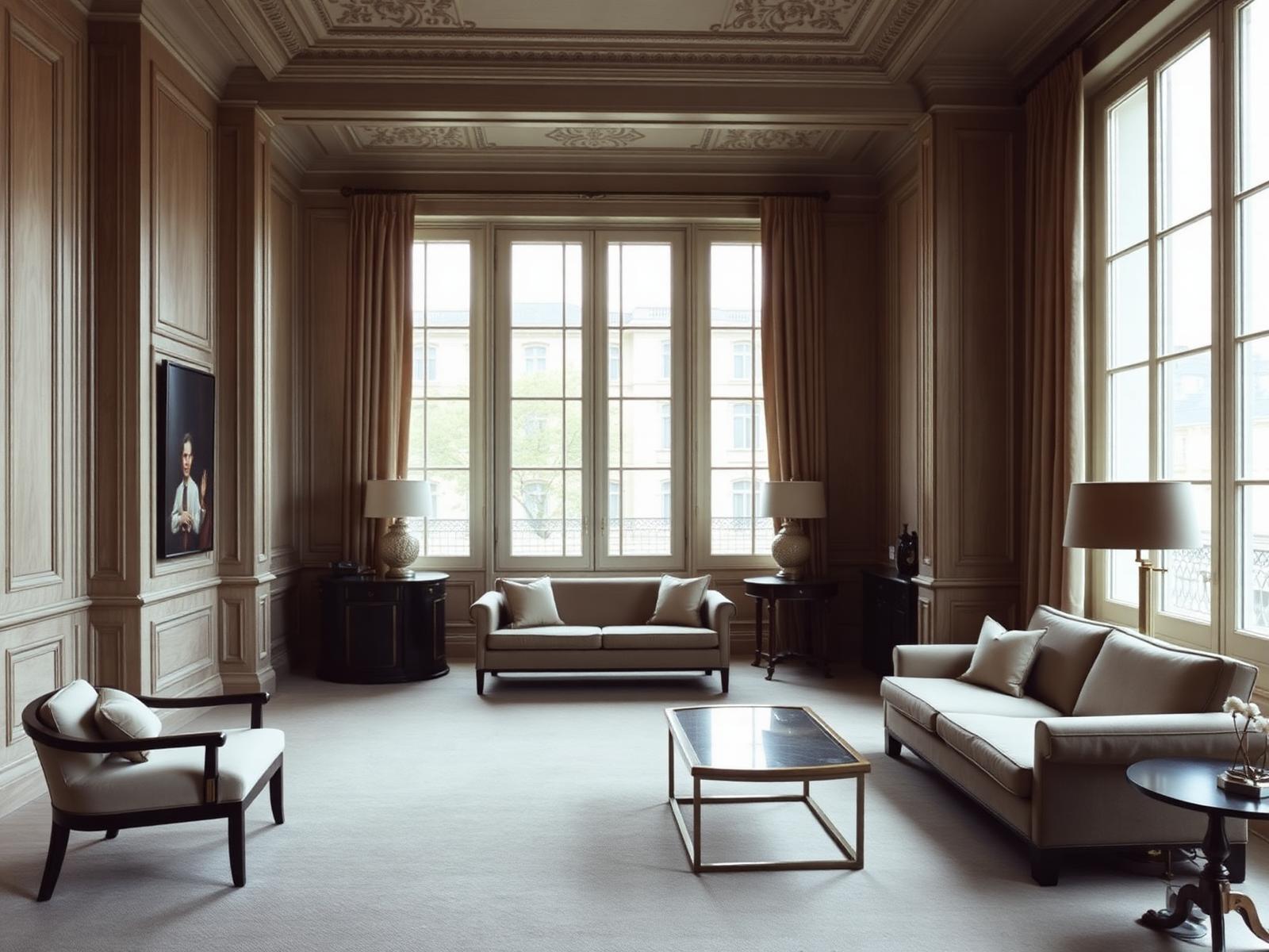 Salon d'une suite parisienne aux boiseries claires