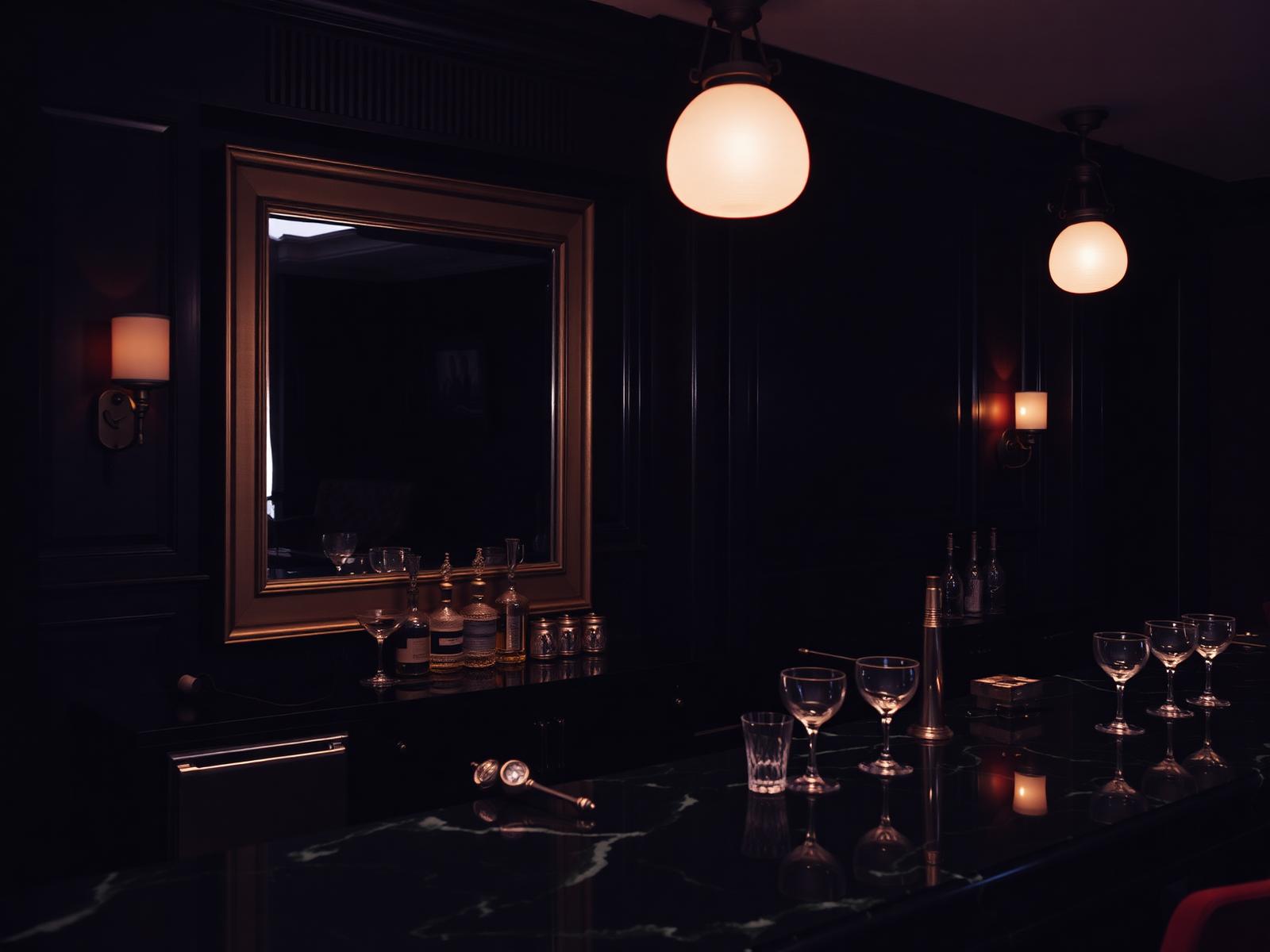 Comptoir de bar sombre éclairé à la bougie